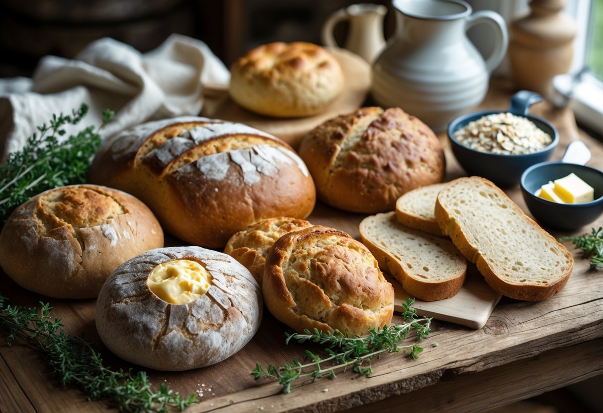A wooden table displaying a variety of traditional Irish breads with fresh herbs and bowls of ingredients in a cozy kitchen setting.