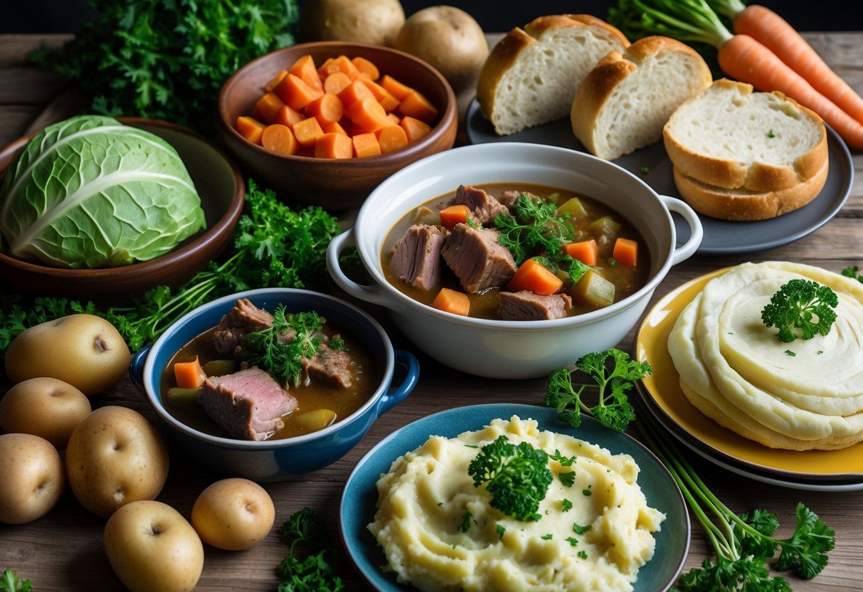 A wooden table with classic Irish dishes including Irish stew, soda bread, cabbage, and colcannon surrounded by fresh vegetables.
