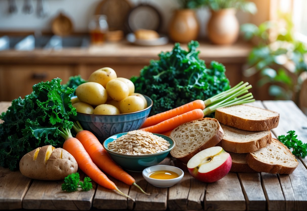 A wooden table with a variety of fresh Irish energising foods including kale, carrots, potatoes, oats, soda bread, apples, and honey in a cozy kitchen setting.