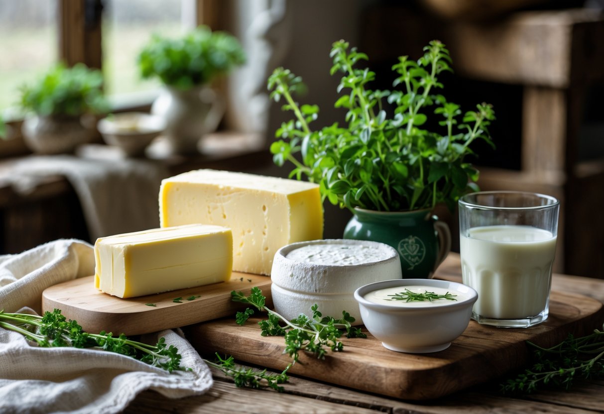 A wooden table displaying traditional Irish dairy products including butter, cheese, yogurt, and milk in a cozy kitchen setting.