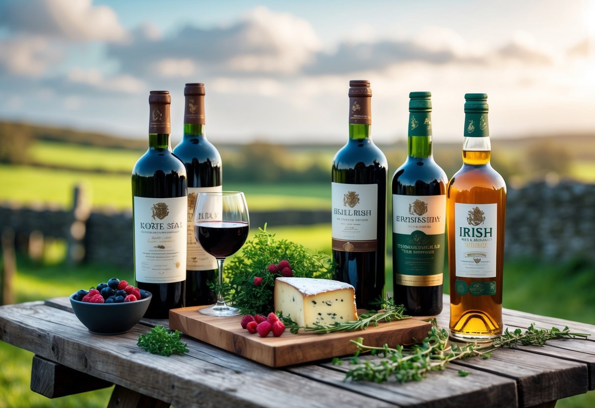 A wooden table outdoors displaying bottles of Irish wine and whiskey with a glass of red wine, fresh herbs, berries, and cheese, set against a green countryside background.
