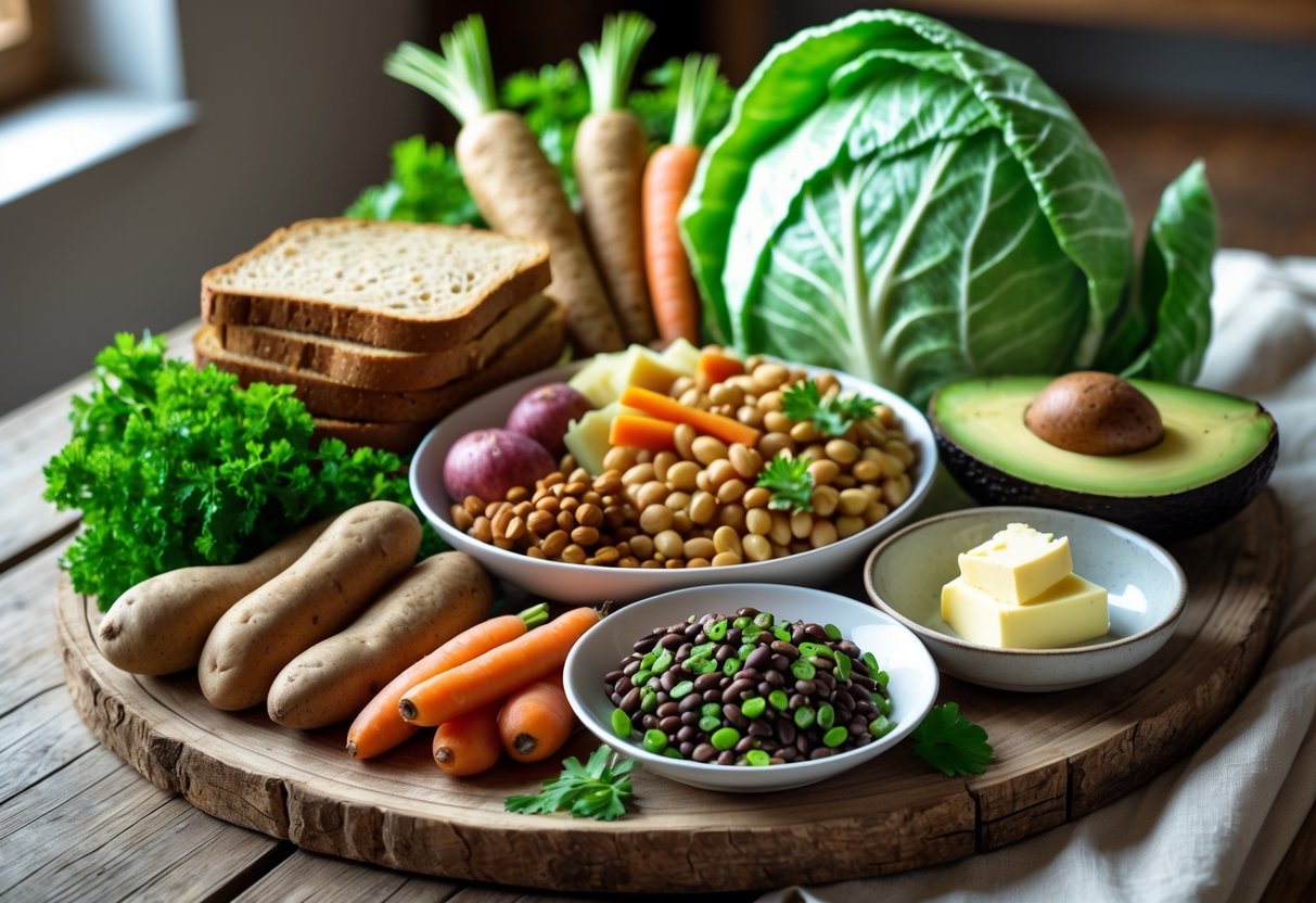 A wooden table with a variety of Irish energising foods including brown bread, root vegetables, leafy greens, legumes, avocado slices, and butter.