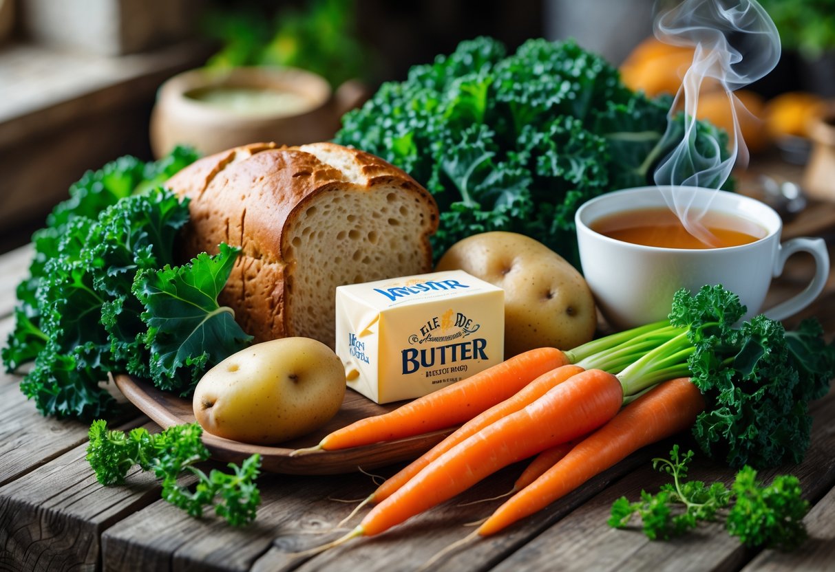 A table displaying traditional Irish energising foods including kale, soda bread, butter, potatoes, carrots, and a cup of herbal tea.