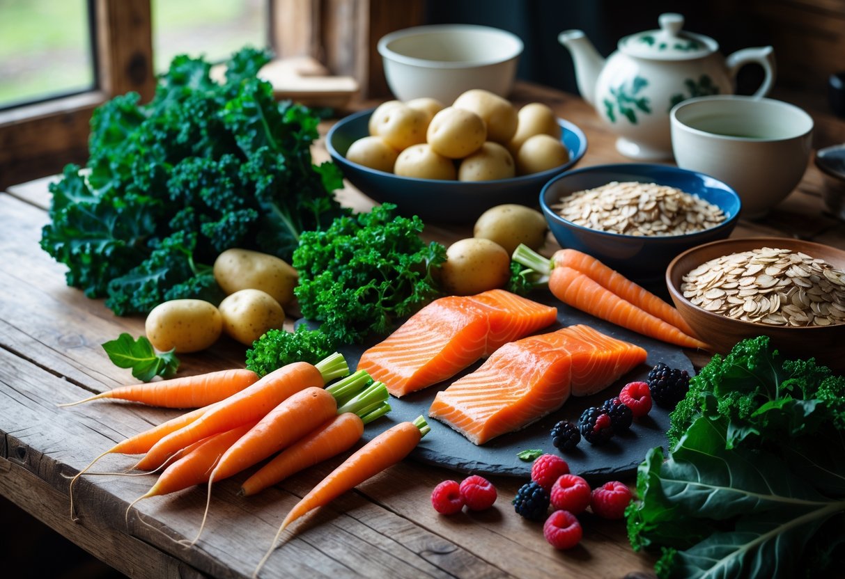 A table displaying fresh Irish foods including kale, potatoes, salmon, carrots, brown bread, oats, and berries in a kitchen setting.