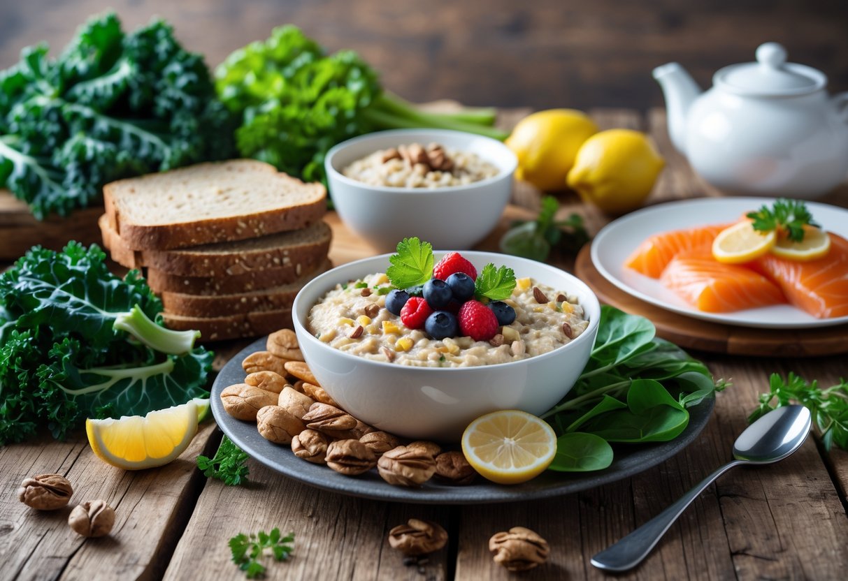 A wooden table with traditional Irish energising foods including oatmeal with berries, smoked salmon, green vegetables, and wholegrain bread.