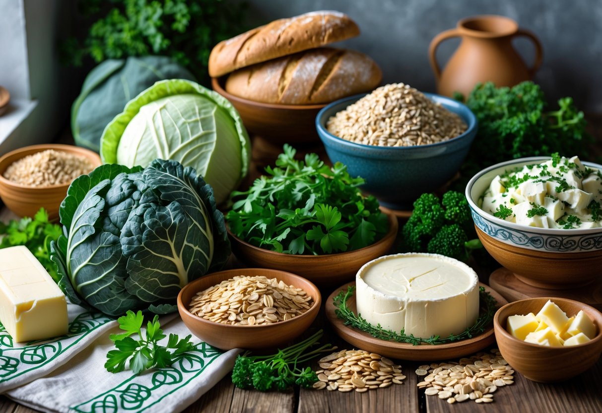 A wooden table displaying fresh green vegetables, whole grain breads, oats, herbs, and dairy products in a rustic kitchen setting.