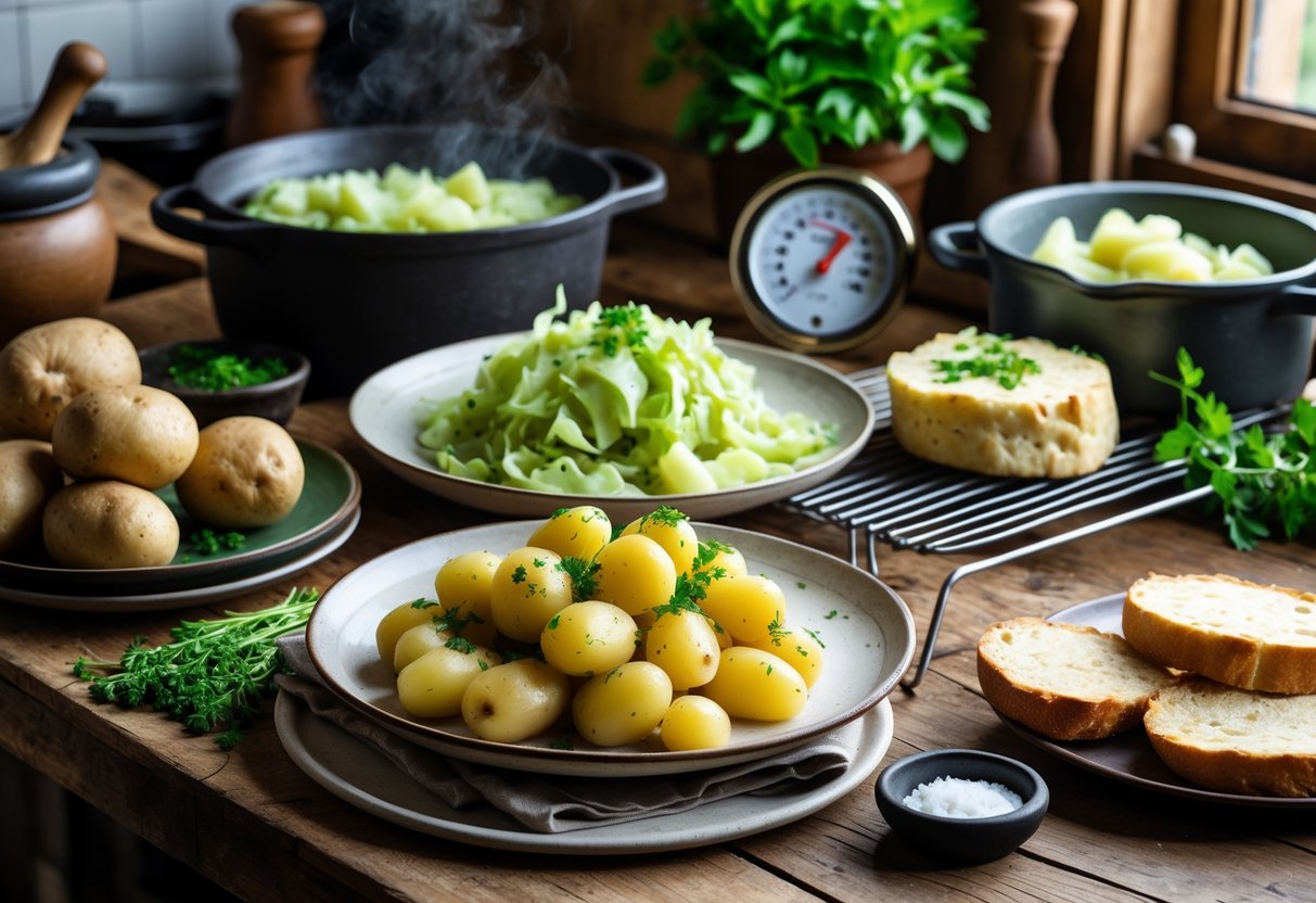 A kitchen table with traditional Irish foods like boiled potatoes, cabbage, and soda bread cooling on plates and a cooling rack, with a kitchen thermometer nearby.