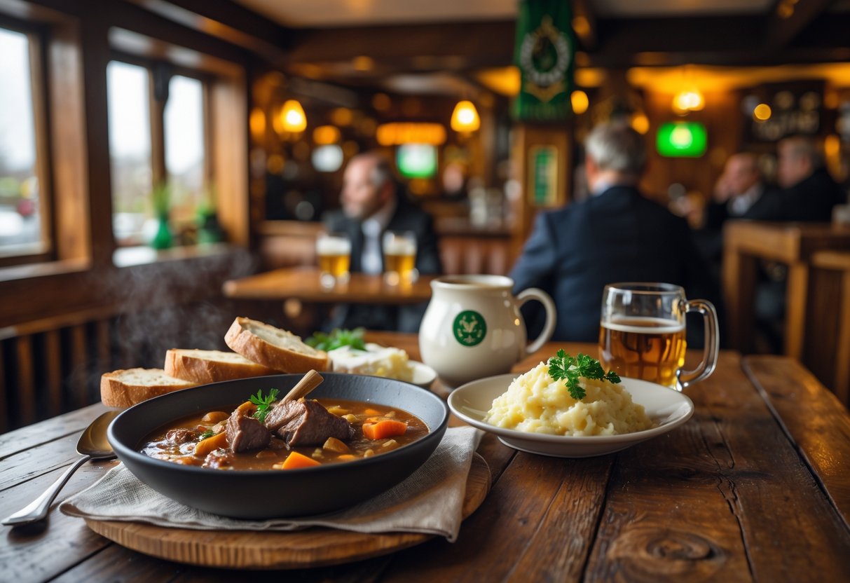 A wooden table in an Irish pub with traditional Irish stew, soda bread, colcannon, and a mug of herbal tea, surrounded by warm pub decor.