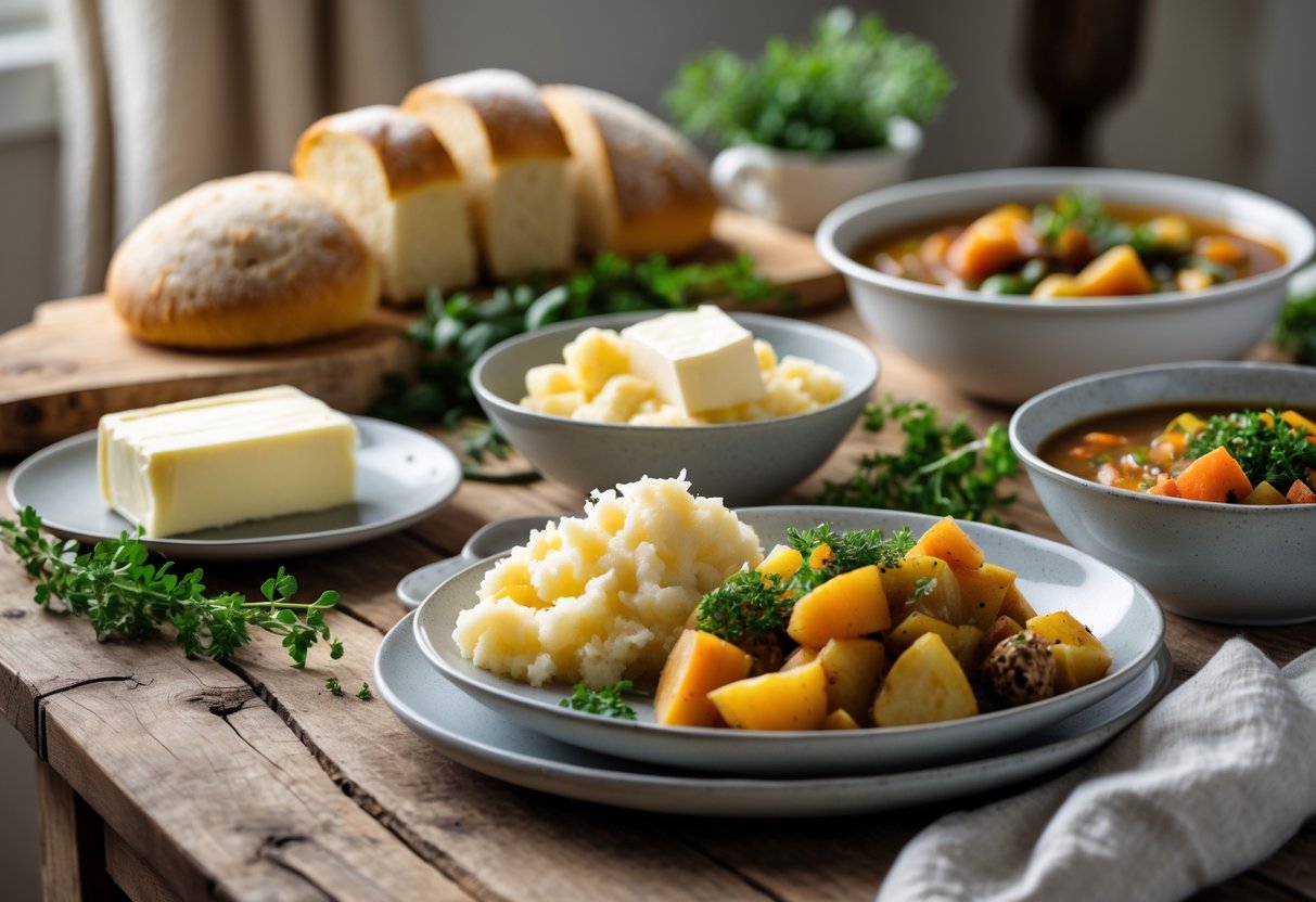 A table set with traditional Irish calming foods including soda bread, butter, steamed potatoes, and vegetable stew, arranged for a peaceful celebratory occasion.