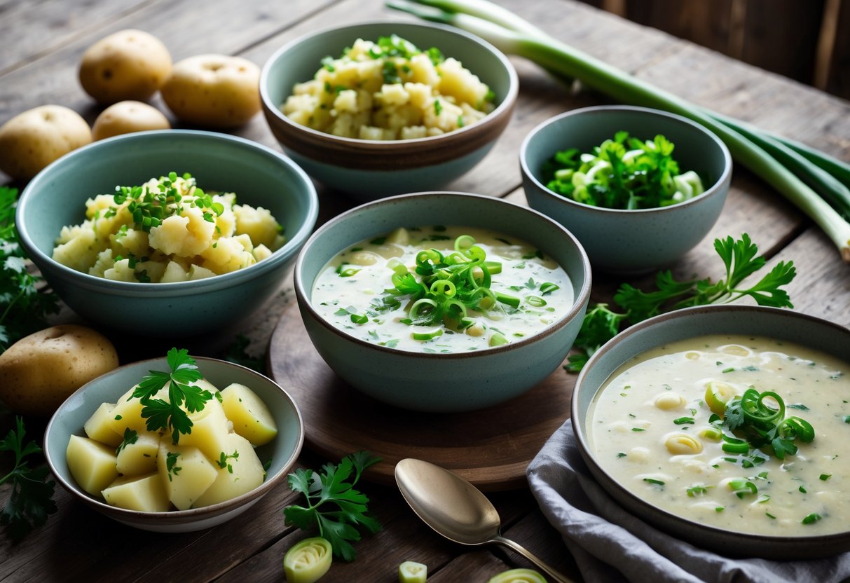A table with several bowls of traditional Irish potato-based cooling dishes, including potato salad and soup, surrounded by fresh ingredients.
