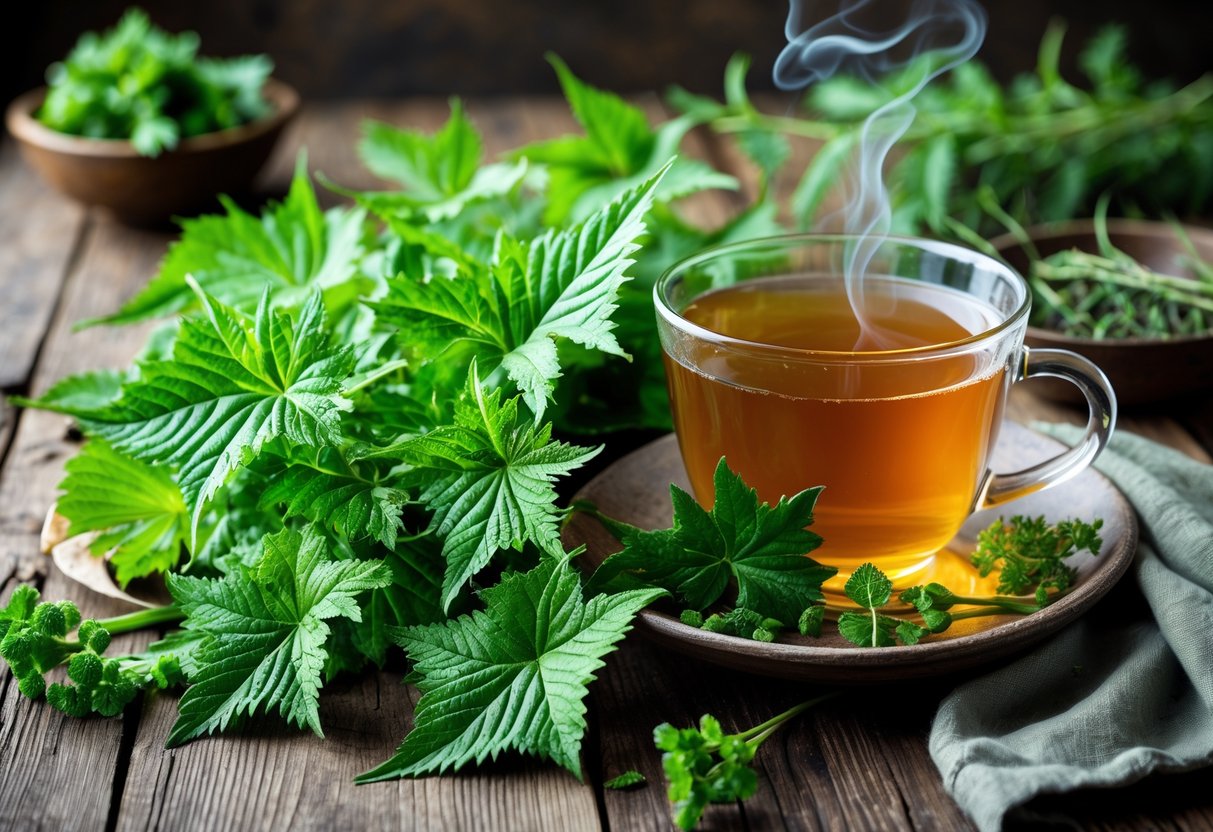 Fresh nettle leaves on a wooden table next to a glass cup of steaming nettle tea with natural herbs in the background.