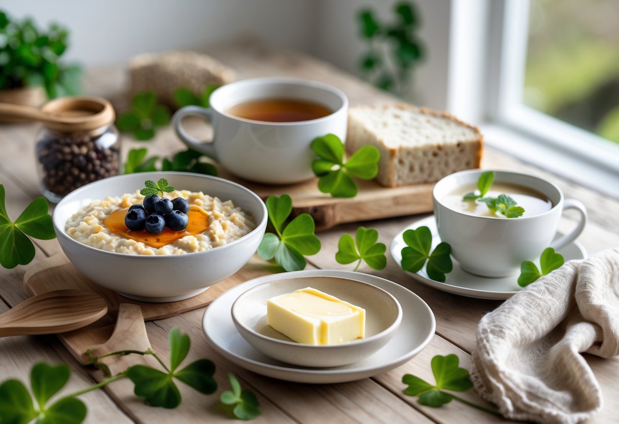 A wooden table with Irish oatmeal topped with berries, a cup of herbal tea, soda bread with butter, and green shamrock leaves arranged to create a calming food scene.