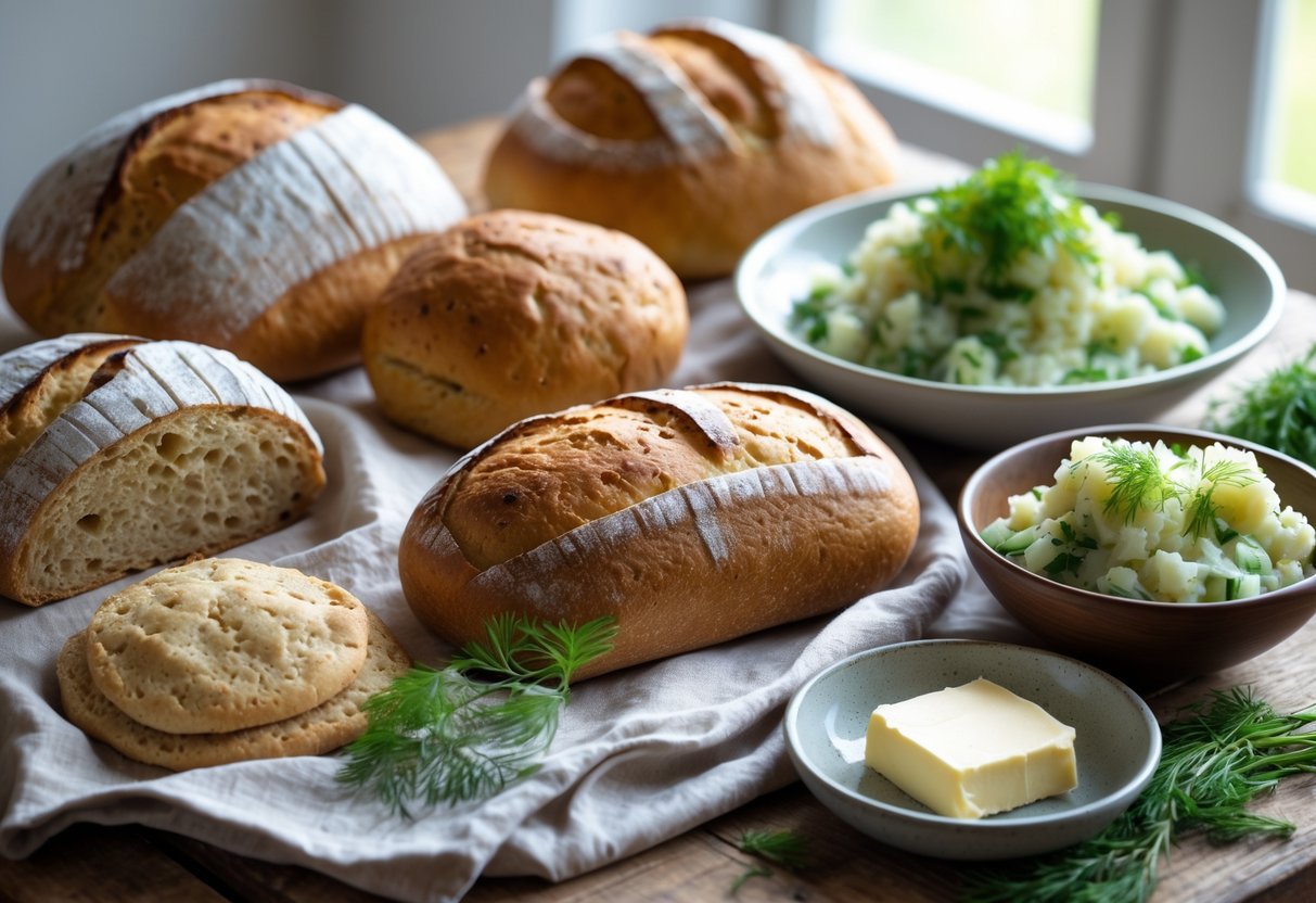 A wooden table with various classic Irish breads and cooling food dishes arranged on it.