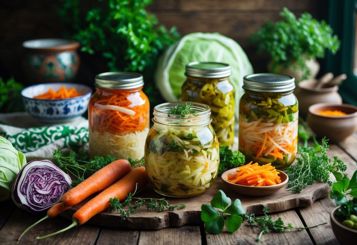 A wooden table displaying jars of traditional Irish fermented foods like sauerkraut and pickled vegetables, surrounded by fresh ingredients and herbs.