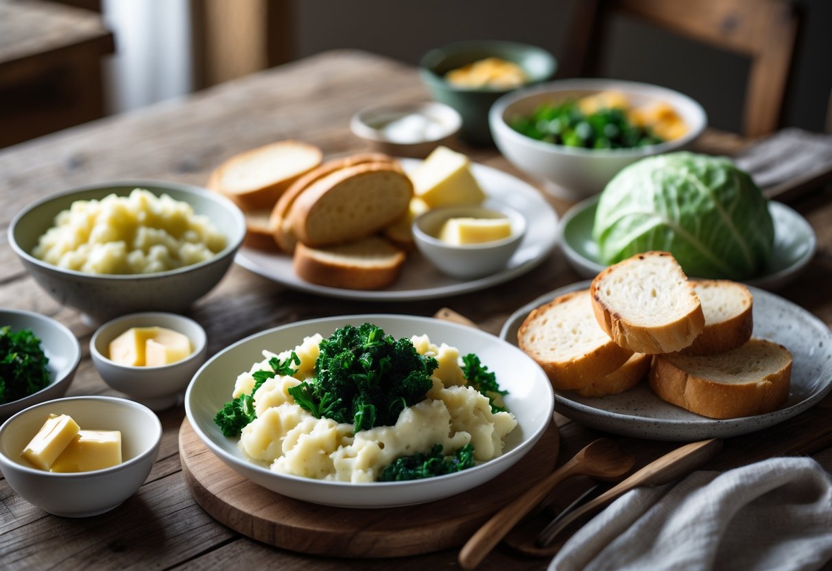 A wooden table with traditional Irish sides including colcannon, soda bread, butter, cheese, and boiled cabbage.