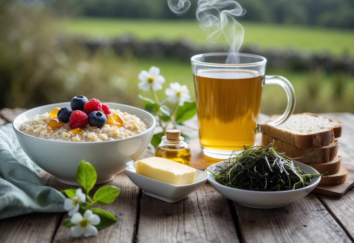 A table with Irish oatmeal, chamomile tea, soda bread, and seaweed salad arranged to suggest calming traditional Irish foods.
