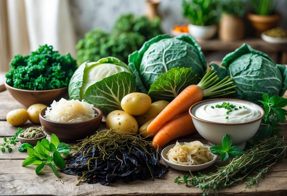 A table with fresh Irish vegetables, fermented foods, and herbs arranged to represent immune-boosting therapeutic foods.