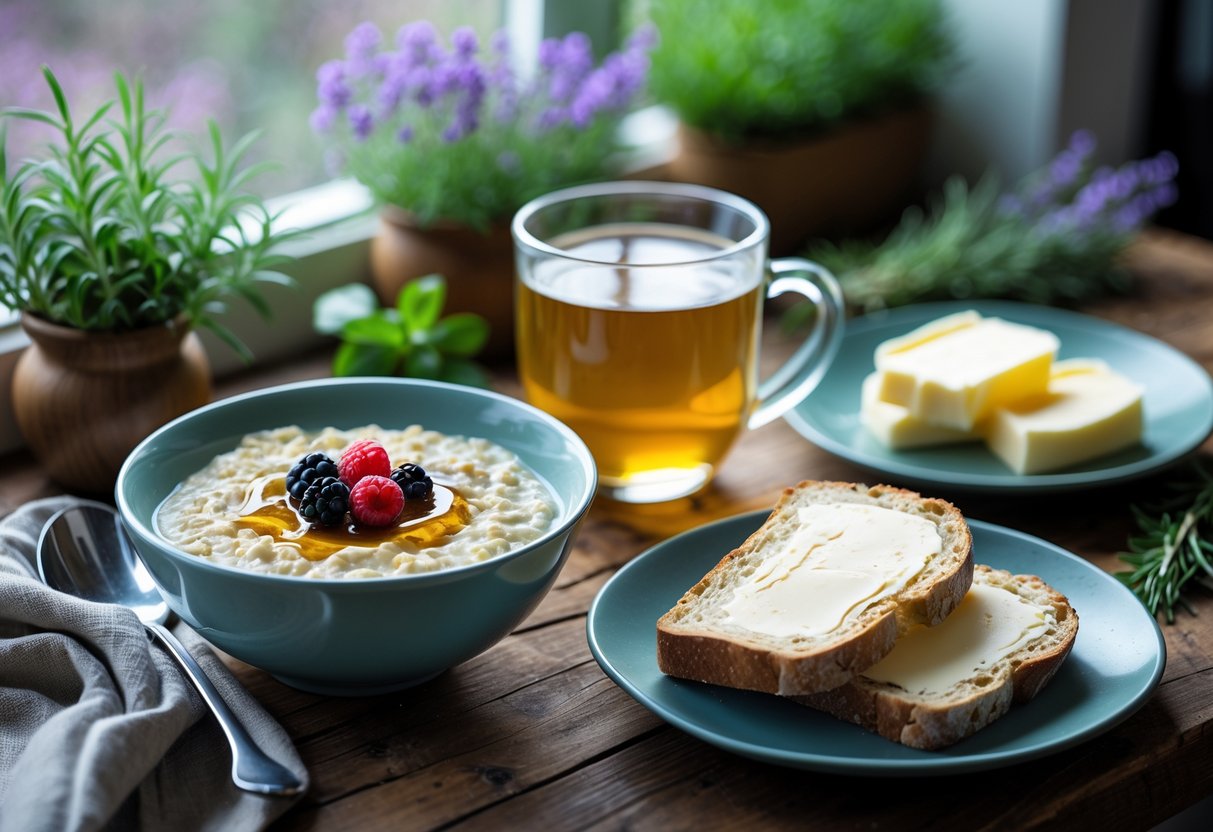 A cozy kitchen table with Irish oatmeal, chamomile tea, soda bread with butter, and potted herbs in soft natural light.