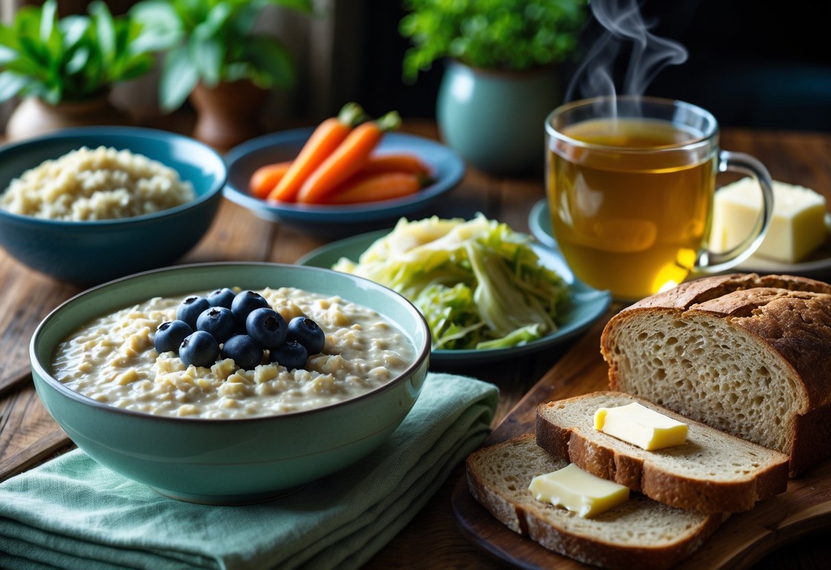 A wooden table with traditional Irish calming foods including oatmeal with berries, steamed vegetables, herbal tea, and brown bread in a cozy kitchen setting.