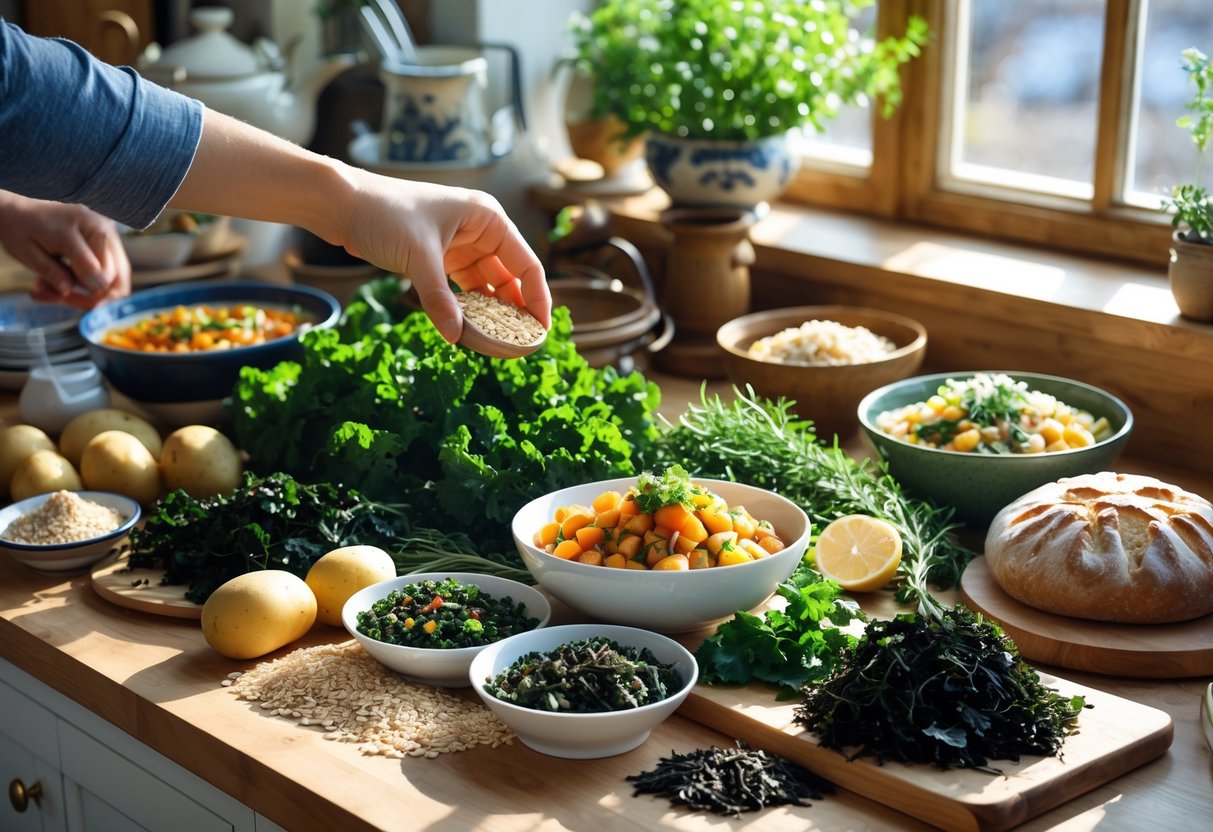 A kitchen countertop with fresh Irish therapeutic foods and prepared dishes, with hands adding ingredients to a bowl.