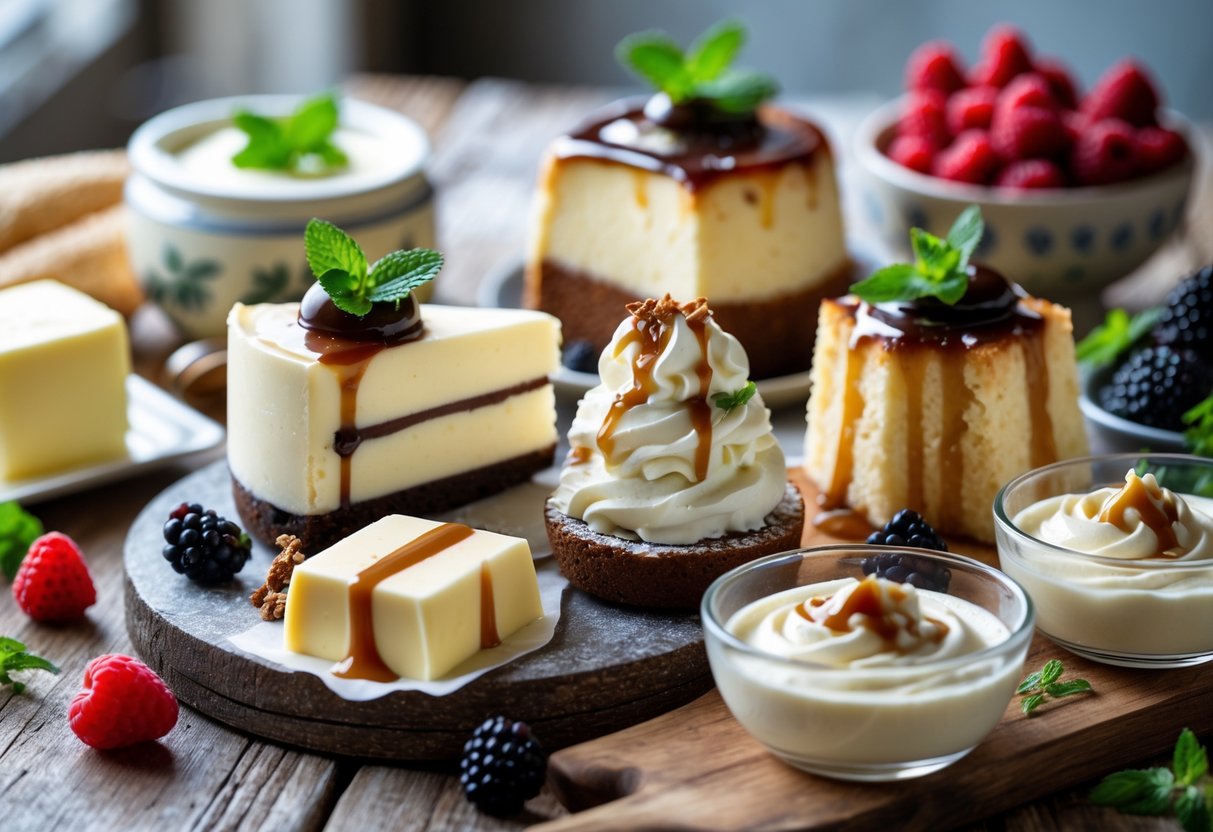 An assortment of traditional Irish desserts and sweets arranged on a wooden table, including cheesecake slices, bread pudding, and cream mousse with fresh berries.
