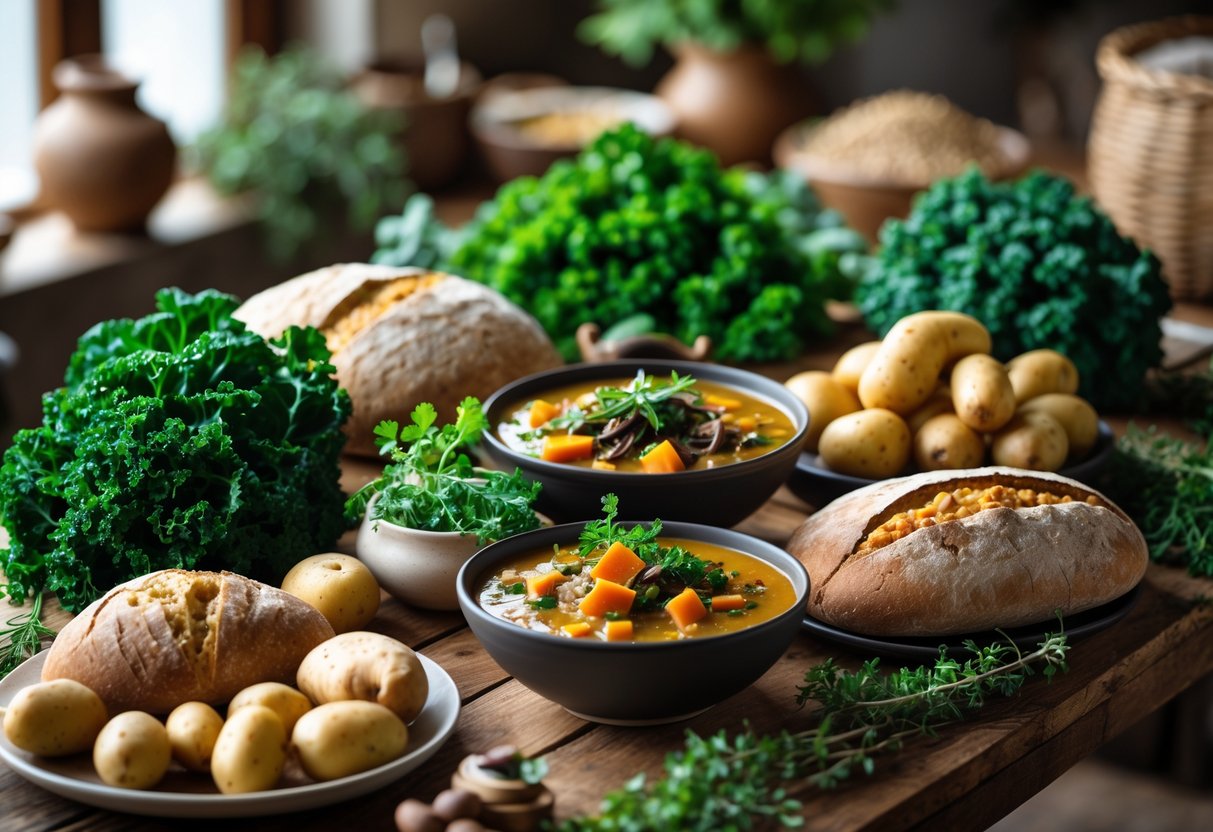 A wooden table with traditional Irish foods including potatoes, kale, whole grain bread, and bowls of vegetable stew in a cozy kitchen setting.