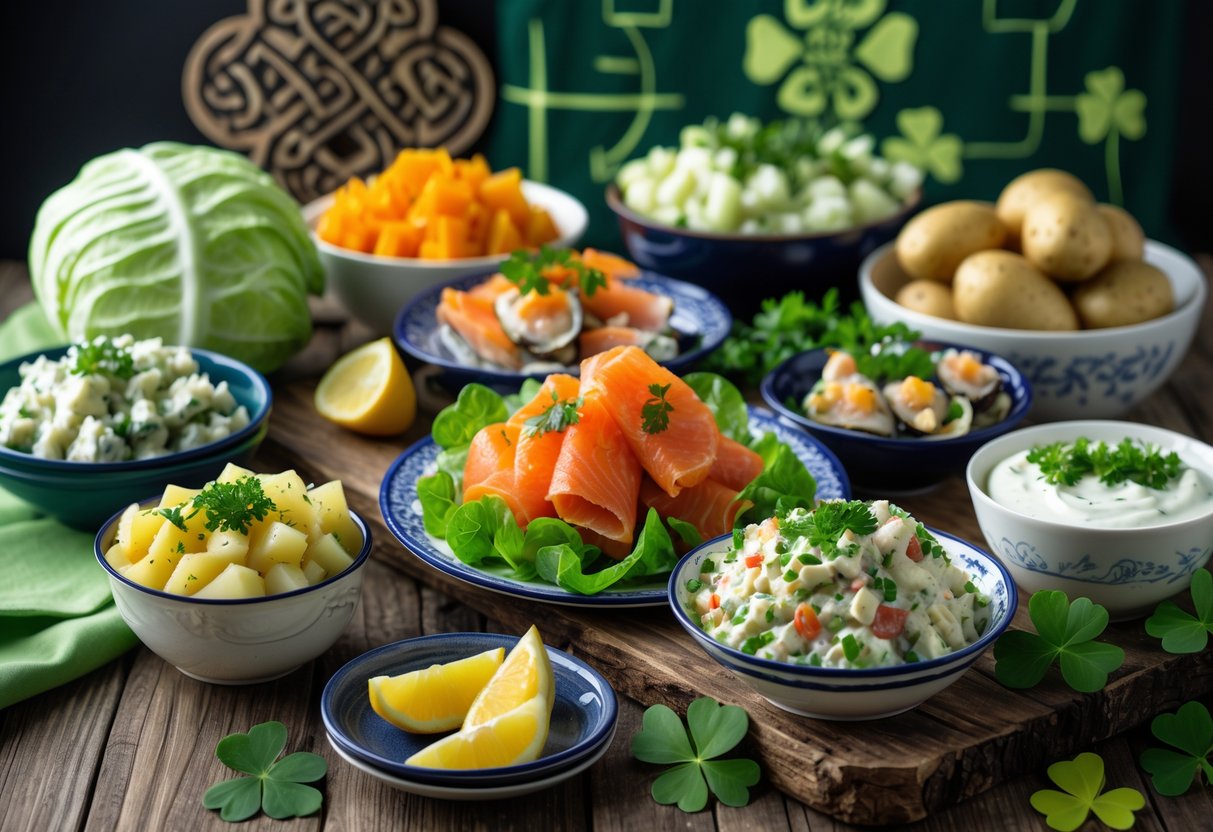 A table displaying a variety of traditional and modern Irish cooling foods including cabbage, potatoes, smoked salmon, oysters, and a chilled potato salad with herbs.