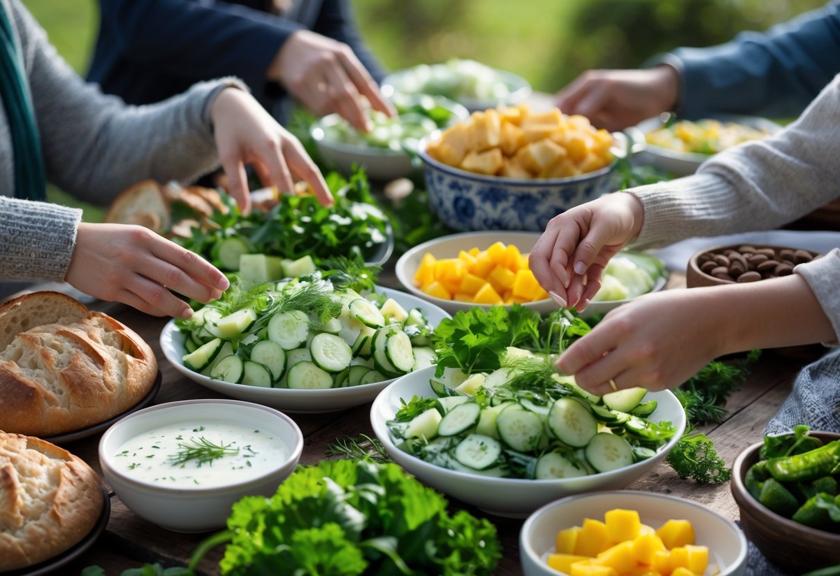 People serving and enjoying traditional Irish cooling foods on a wooden table with fresh vegetables and bread.