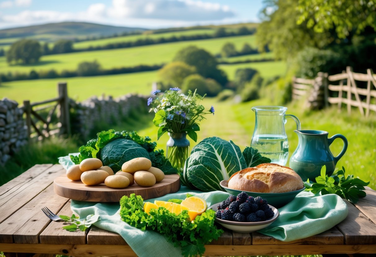 A wooden table outdoors with traditional Irish summer foods including fresh vegetables, soda bread, berries, and wildflowers, set against a green countryside background.