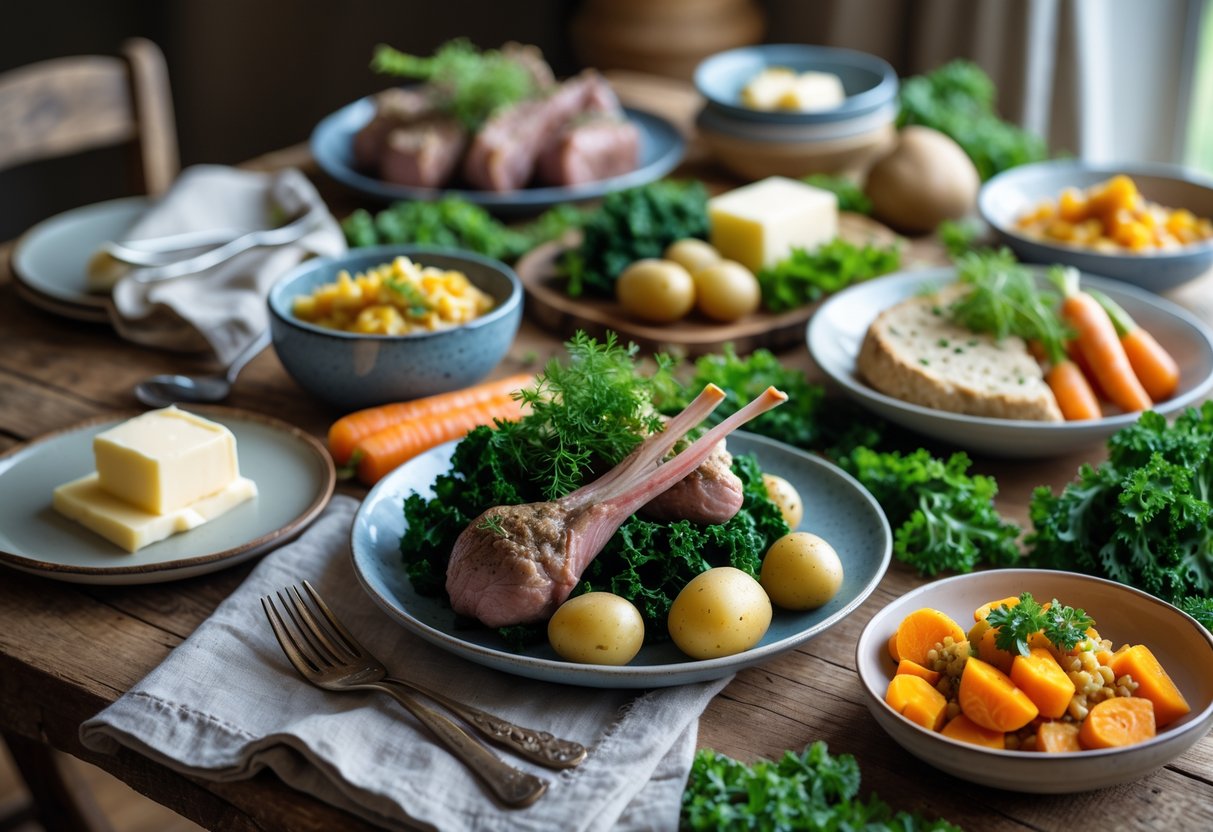 A table with a variety of traditional Irish seasonal dishes including lamb, potatoes, kale, root vegetables, soda bread, and fresh herbs.