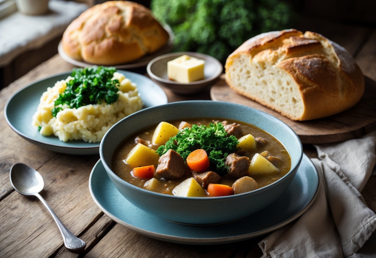 A table with traditional Irish comfort foods including Irish stew, colcannon, soda bread, and butter in a cozy kitchen setting.