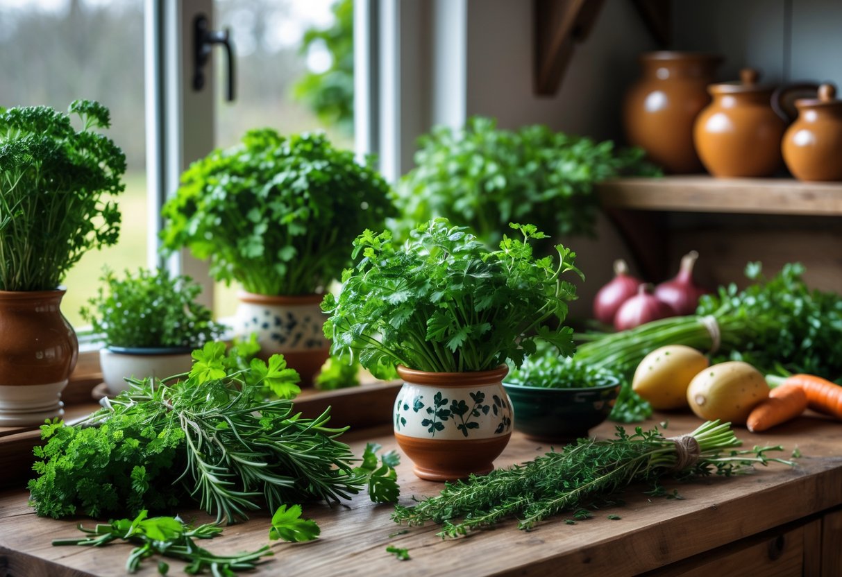 Fresh green herbs and traditional Irish vegetables arranged on a wooden kitchen countertop with natural light.