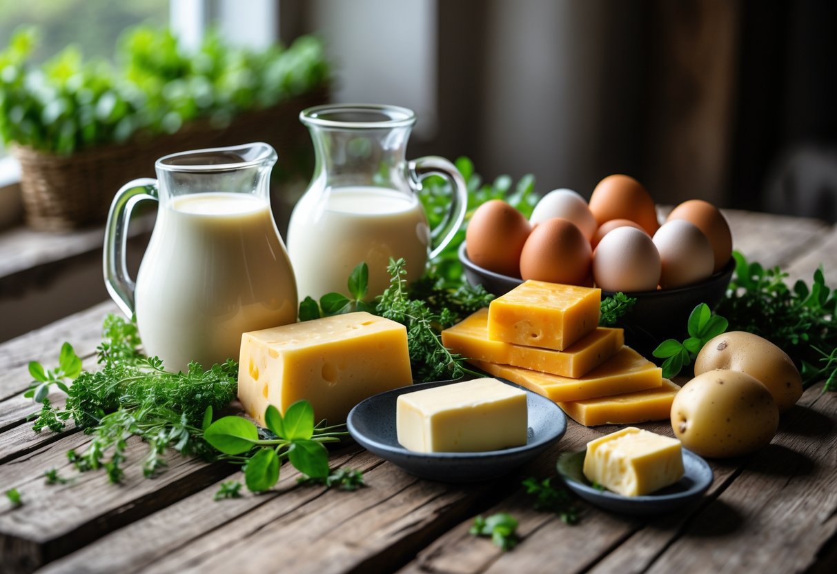 A wooden table displaying fresh milk, eggs, cheese, butter, and herbs representing Irish dairy and eggs.
