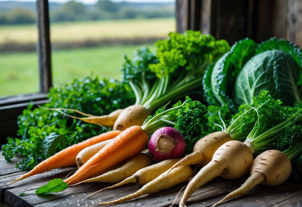 A wooden table displaying fresh seasonal Irish vegetables including carrots, parsnips, turnips, kale, and cabbage with a blurred countryside garden in the background.