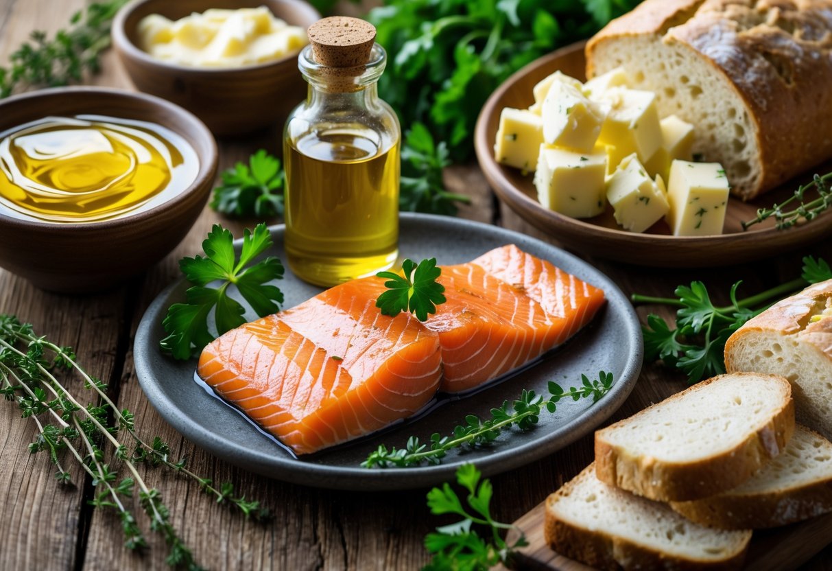 A wooden table with flaxseed oil, Irish butter, cheese, fresh salmon, herbs, and soda bread arranged together.
