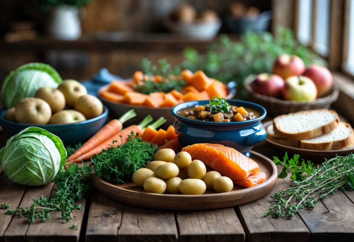 A wooden table displaying traditional Irish seasonal foods including vegetables, stew, soda bread, and smoked salmon with fresh herbs and seasonal decorations.
