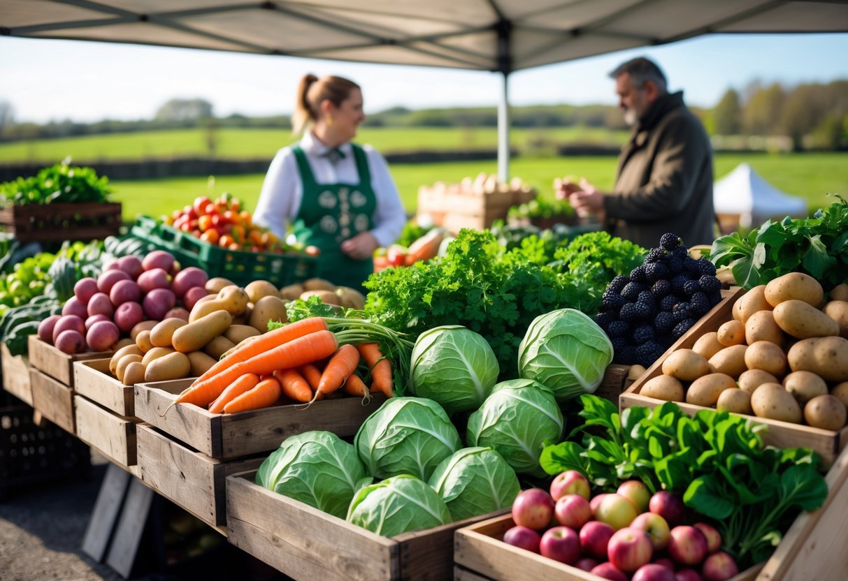 Farmers market stall with fresh seasonal Irish fruits and vegetables and a vendor interacting with customers outdoors.