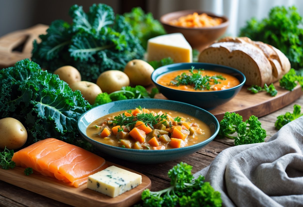 A wooden table displaying a variety of traditional Irish foods including kale, potatoes, brown bread, smoked salmon, cheddar cheese, and a bowl of Irish stew.