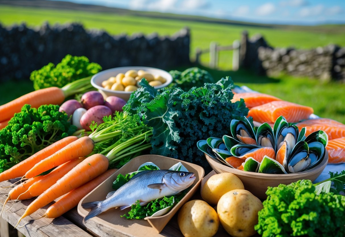 A table displaying fresh Irish seasonal vegetables and seafood with green hills in the background.