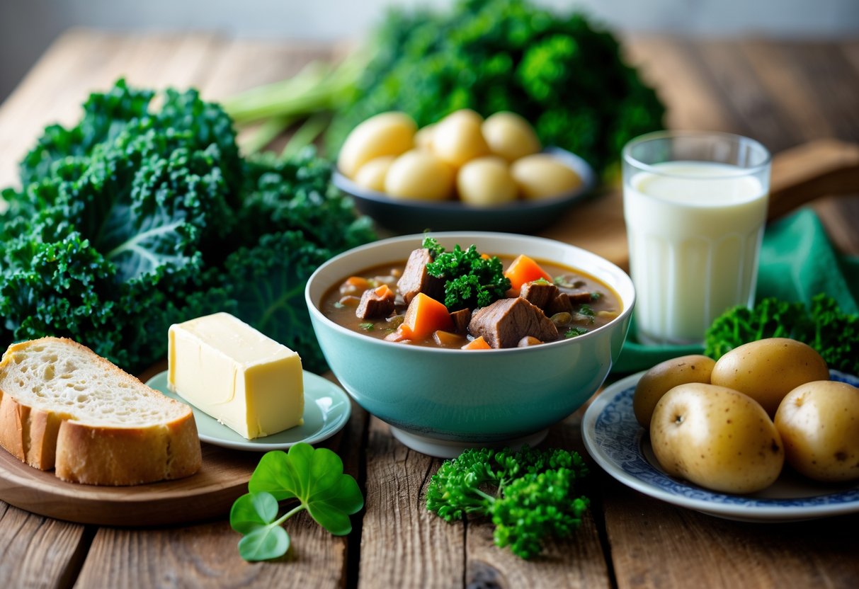 A table displaying traditional Irish foods including kale, soda bread, Irish stew, boiled potatoes, and buttermilk.