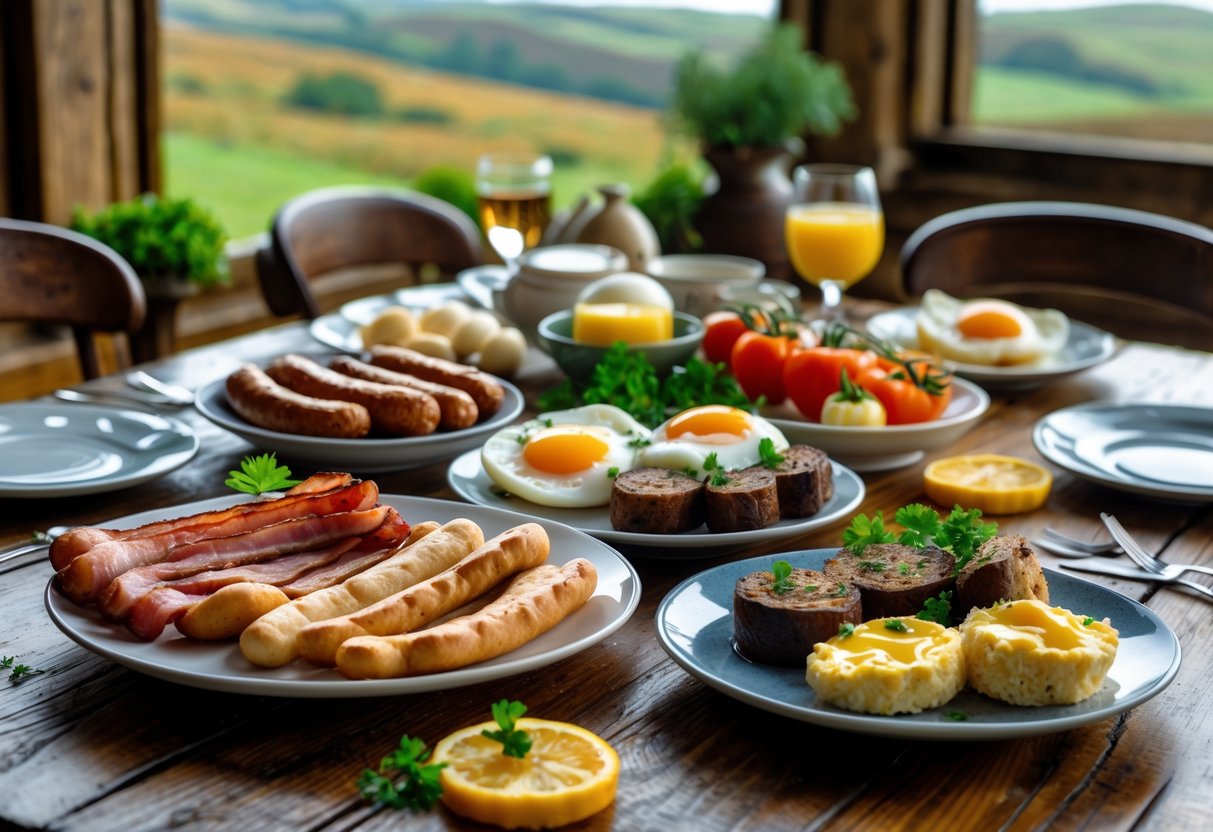 A traditional Irish breakfast spread on a wooden table with bacon, sausages, black and white pudding, eggs, tomatoes, mushrooms, and soda bread, with a countryside view in the background.