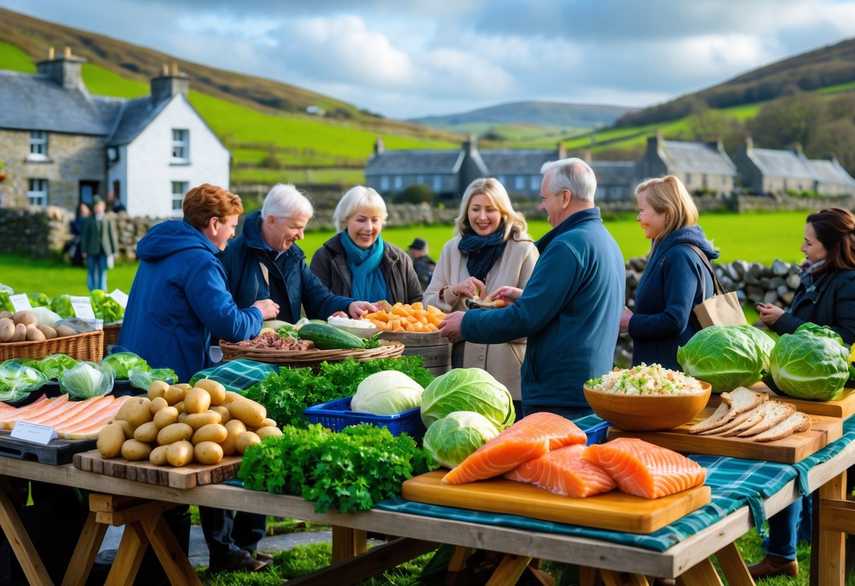A market scene with fresh Irish food like potatoes, seafood, and bread on wooden tables, set against green hills and stone cottages with people interacting.