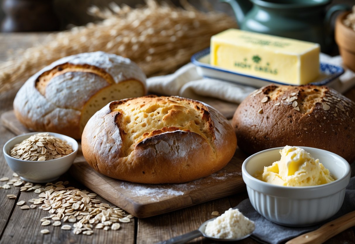 A table with various traditional Irish breads and baking ingredients arranged in a cozy kitchen setting.
