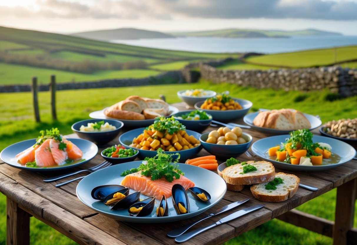 A table outdoors with various Irish dishes including seafood and vegetables, set against a green countryside with hills and a distant coastline.