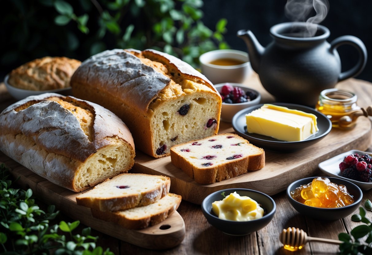 A wooden table set with traditional Irish sweet breads, including soda bread and barmbrack, accompanied by butter, preserves, and a pot of tea.