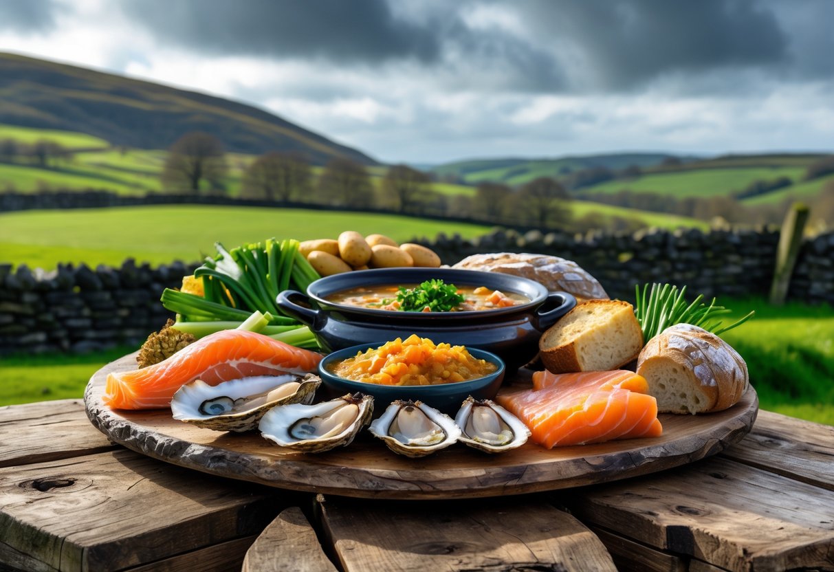 A table outdoors with traditional Irish foods and a green countryside landscape in the background.