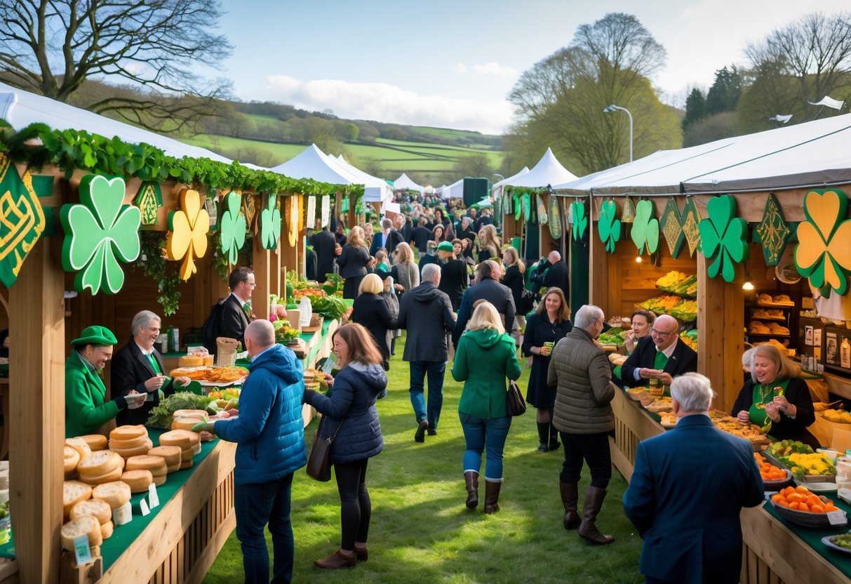 Outdoor Irish food festival with people enjoying traditional Irish dishes at decorated market stalls surrounded by green landscapes.