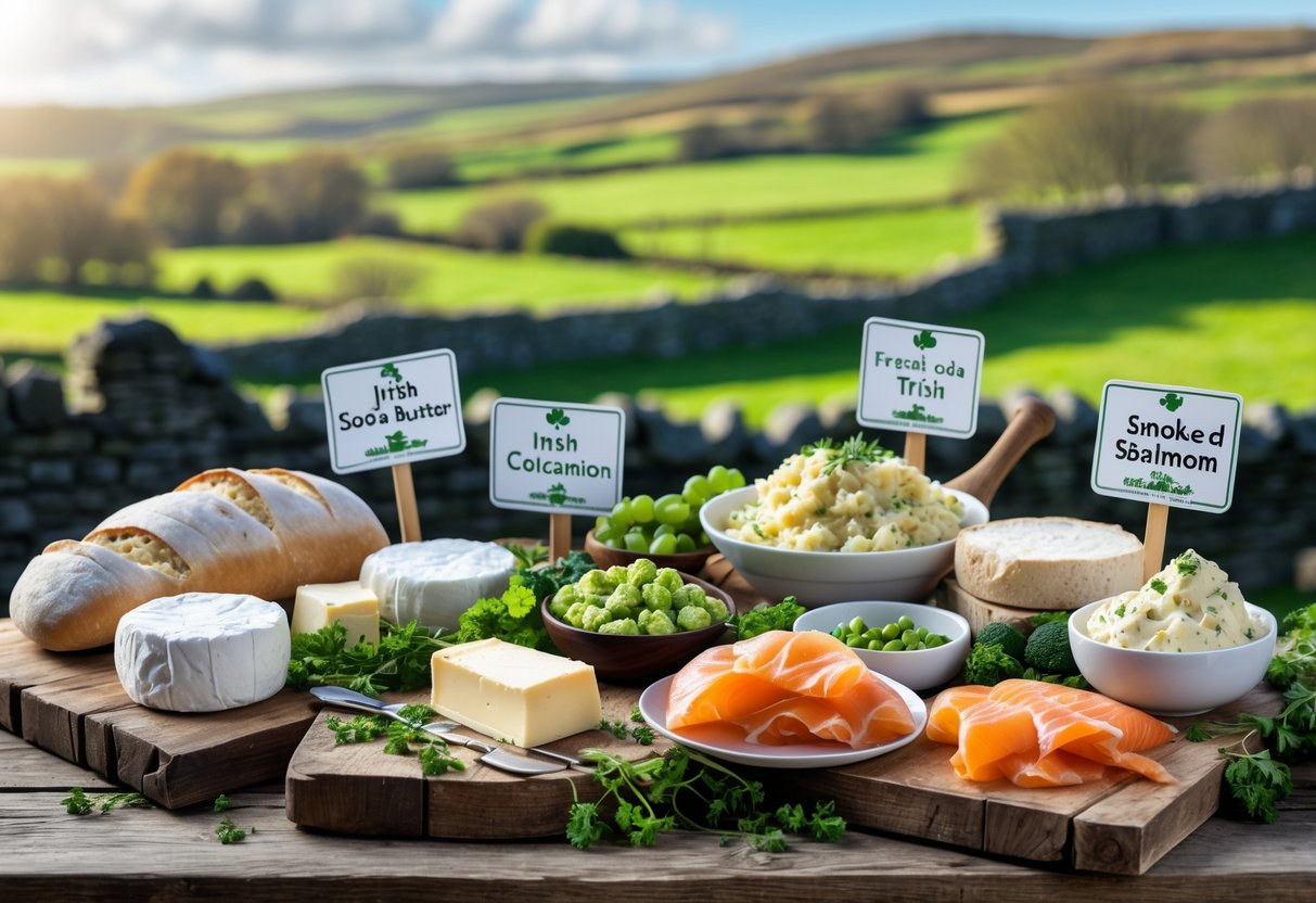 A table displaying various traditional Irish foods with a green countryside in the background.