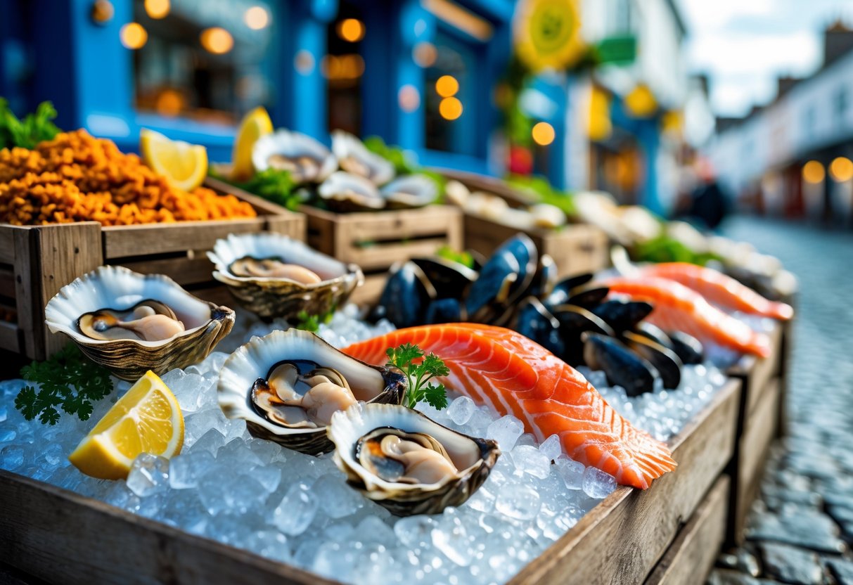 Fresh seafood including oysters, mussels, crab, and salmon displayed on ice at a market in an Irish coastal neighborhood.
