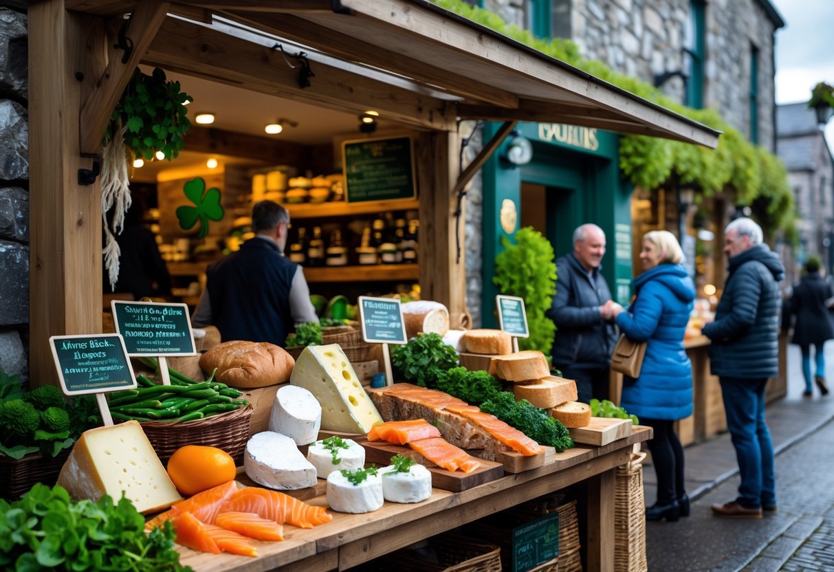A market stall in an Irish neighborhood displaying traditional Irish foods like cheese, soda bread, and smoked salmon with people interacting nearby.